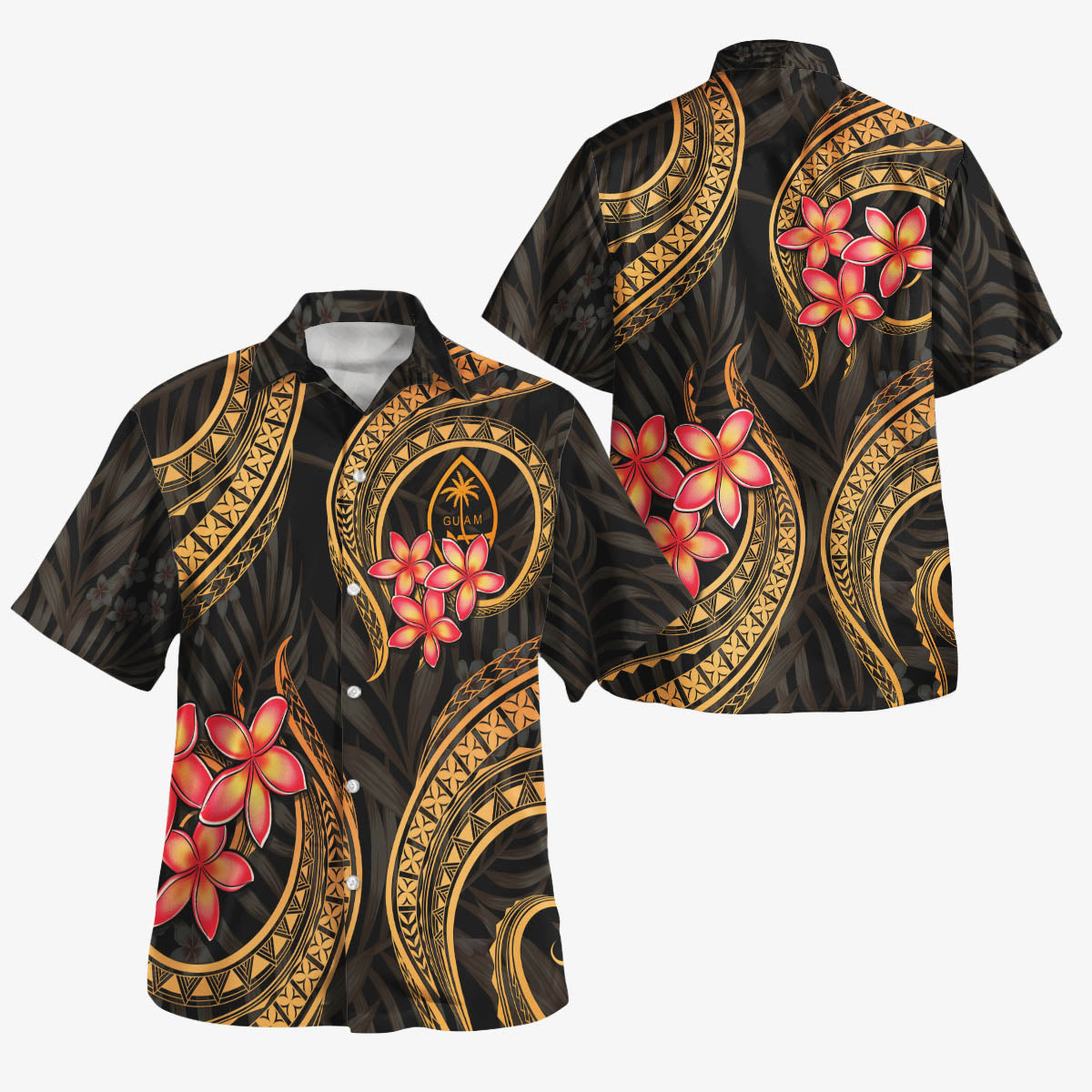 Guam Polynesian Pattern Combo Dress And Shirt Gold Plumeria