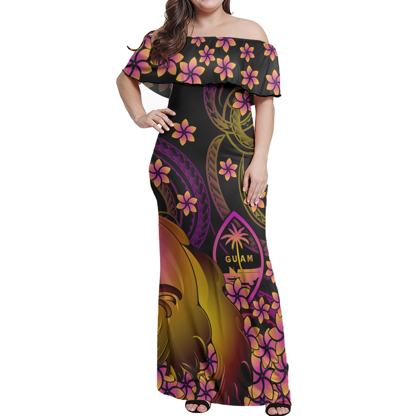 Guam Polynesian Pattern Combo Dress And Shirt Plumeria In Wave