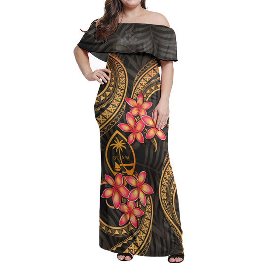 Guam Woman Off Shoulder Long Dress Polynesian Gold Plumeria