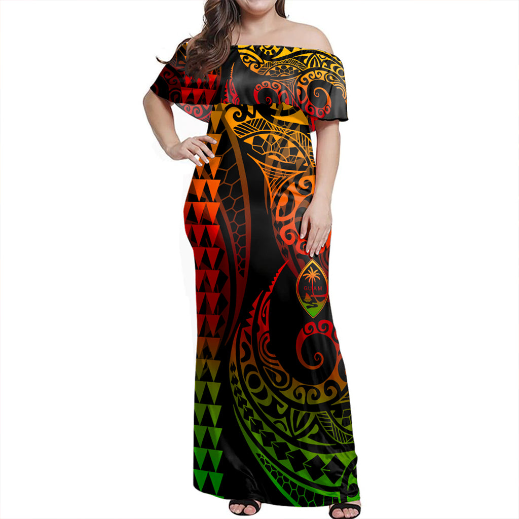 Guam Woman Off Shoulder Long Dress Coat Of Arms Kakau Style Reggae