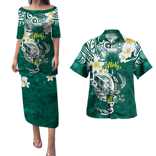 Hawaii Combo Puletasi And Shirt Polynesian Honu With Plumeria Tropical Ocean Wave