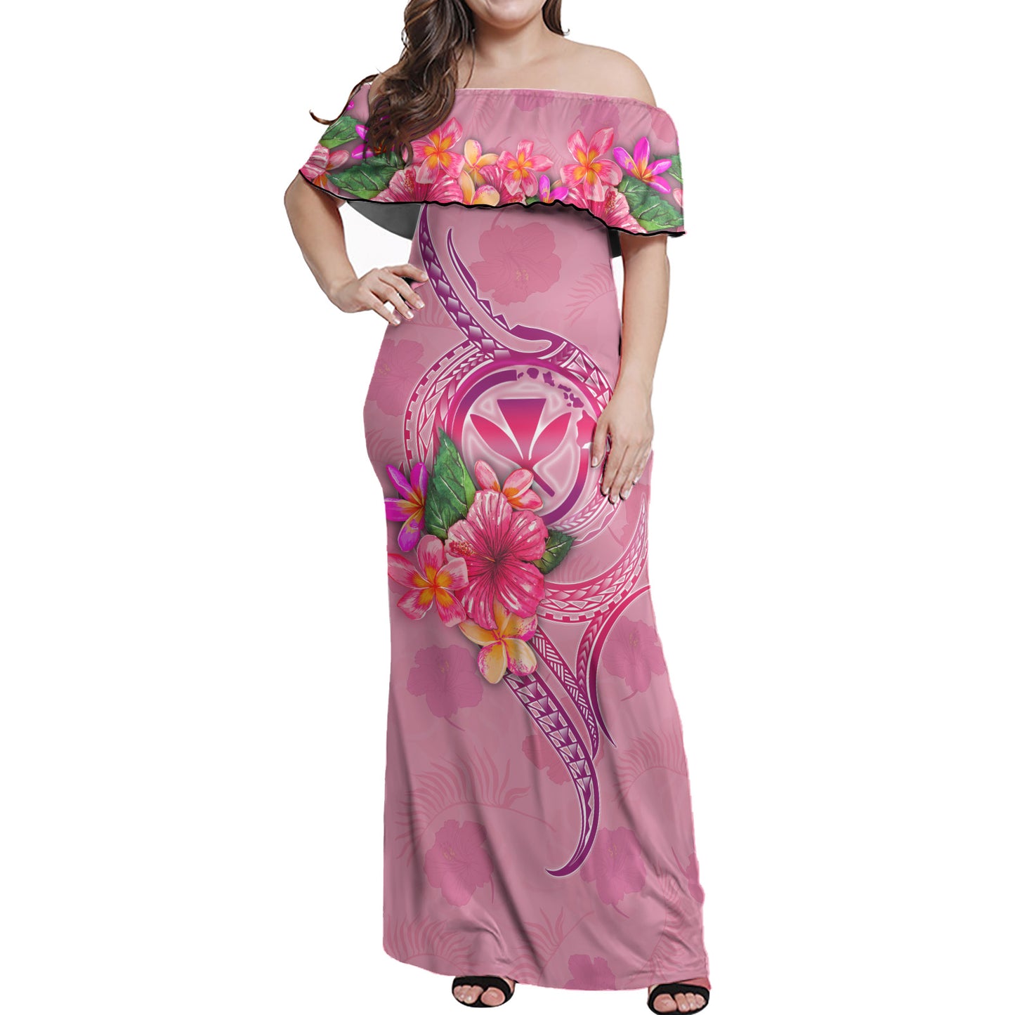 Hawaii Kanaka Maoli Combo Off Shoulder Long Dress And Shirt Floral With Seal Pink