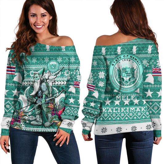 Hawaii Off Shoulder Sweatshirt Custom Ugly Gnome Packing Out a Unicorn Hawaiian Christmas
