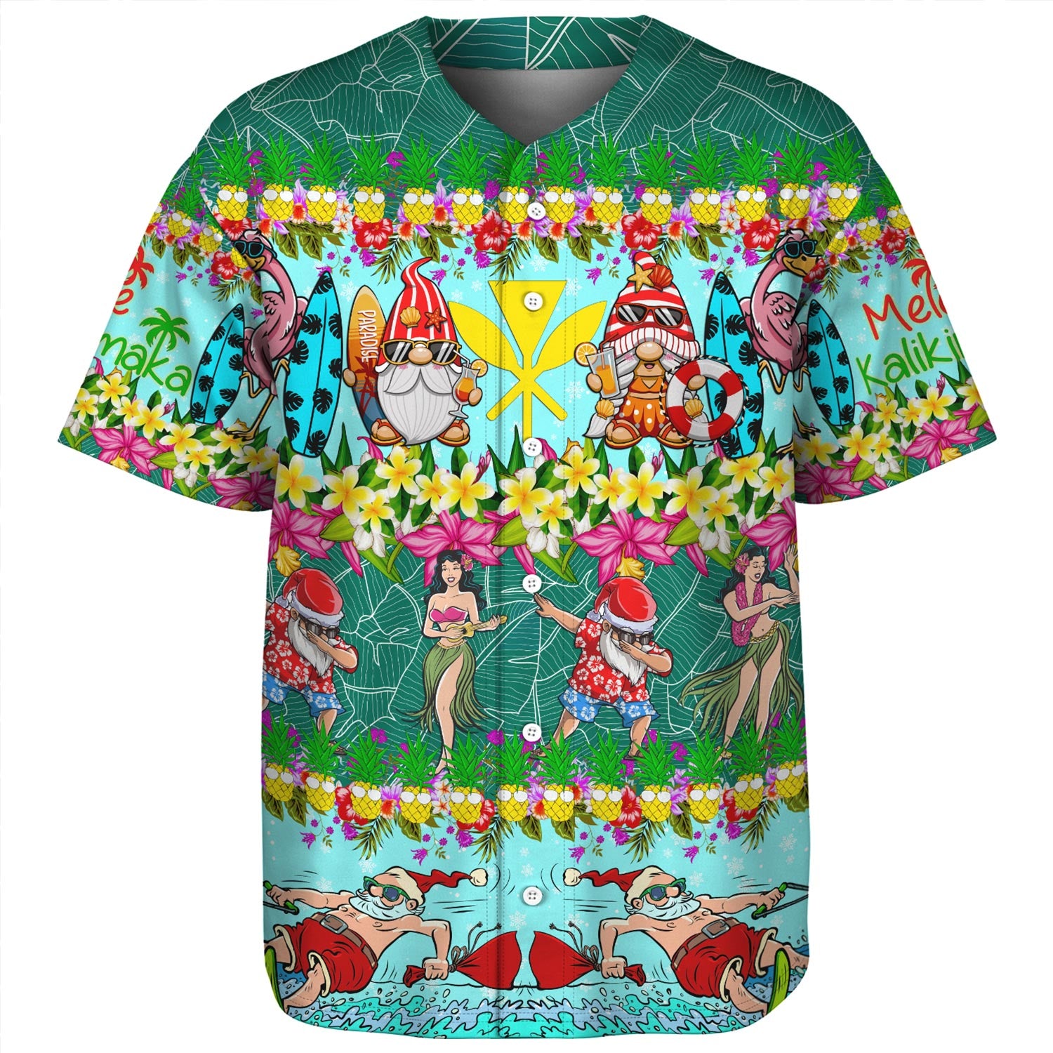 Hawaii Baseball Shirt Dabbing Santa Hula Dance Tropical Gnomes Aloha Mele Kalikimaka Christmas