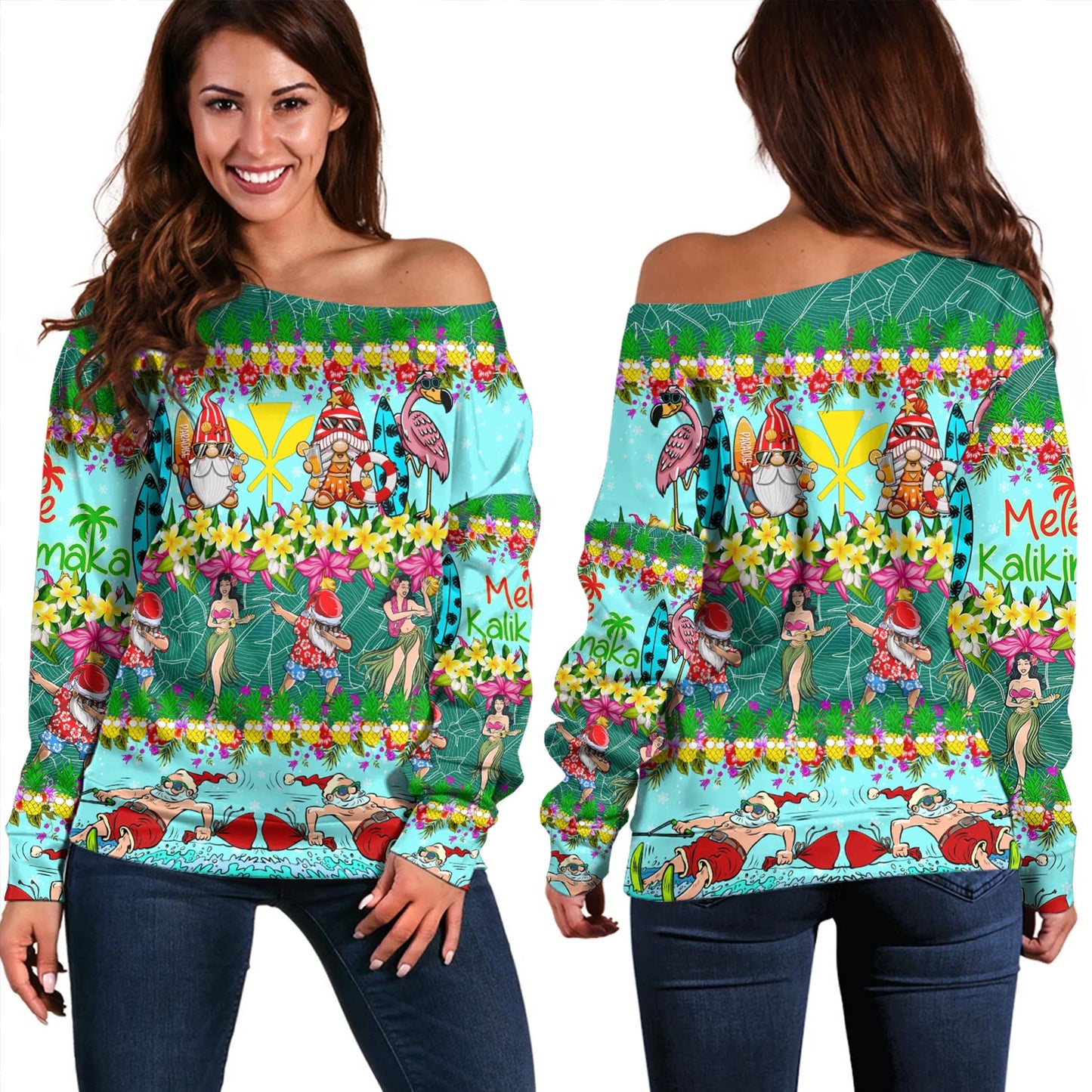 Hawaii Off Shoulder Sweatshirt Dabbing Santa Hula Dance Tropical Gnomes Aloha Mele Kalikimaka Christmas