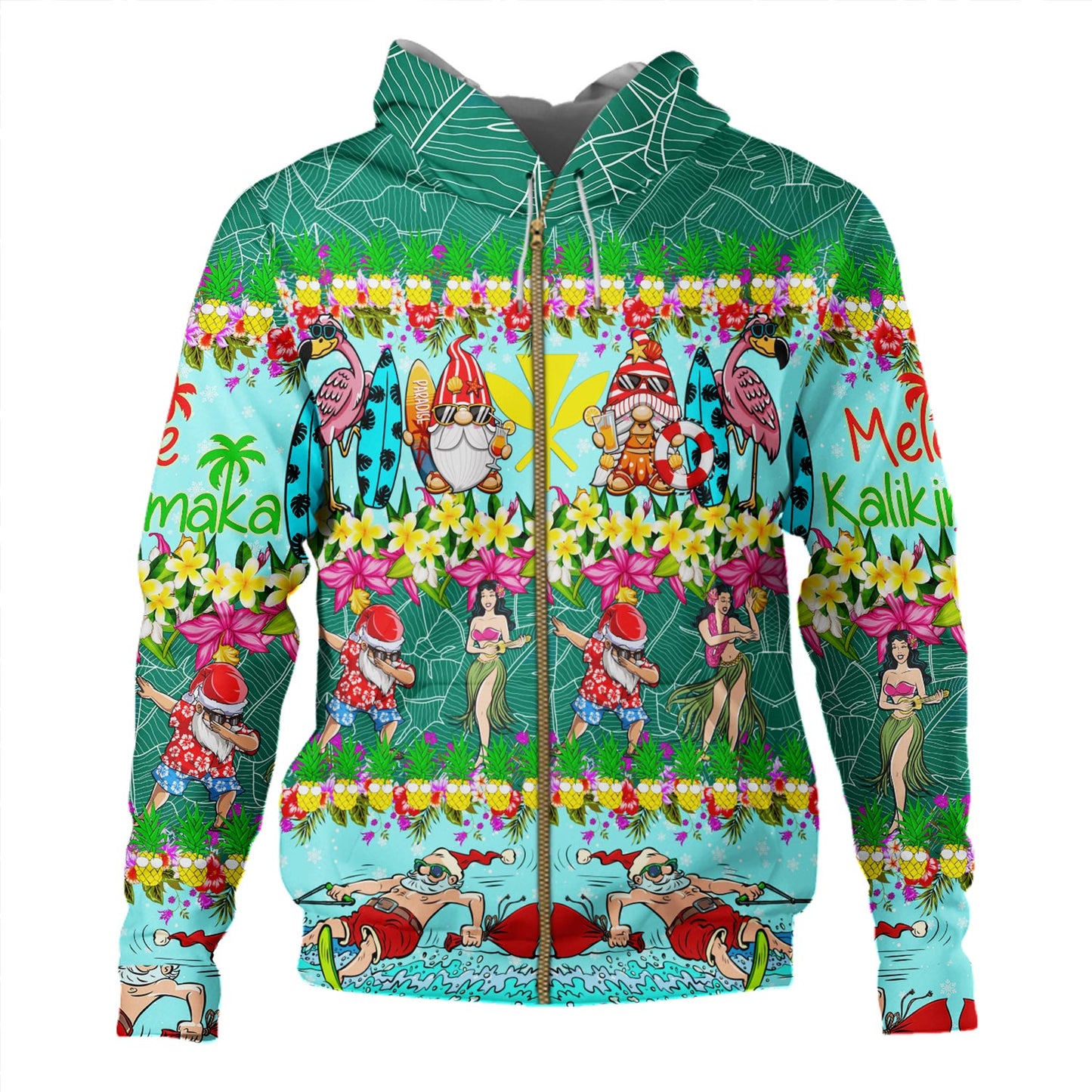 Hawaii Hoodie Dabbing Santa Hula Dance Tropical Gnomes Aloha Mele Kalikimaka Christmas