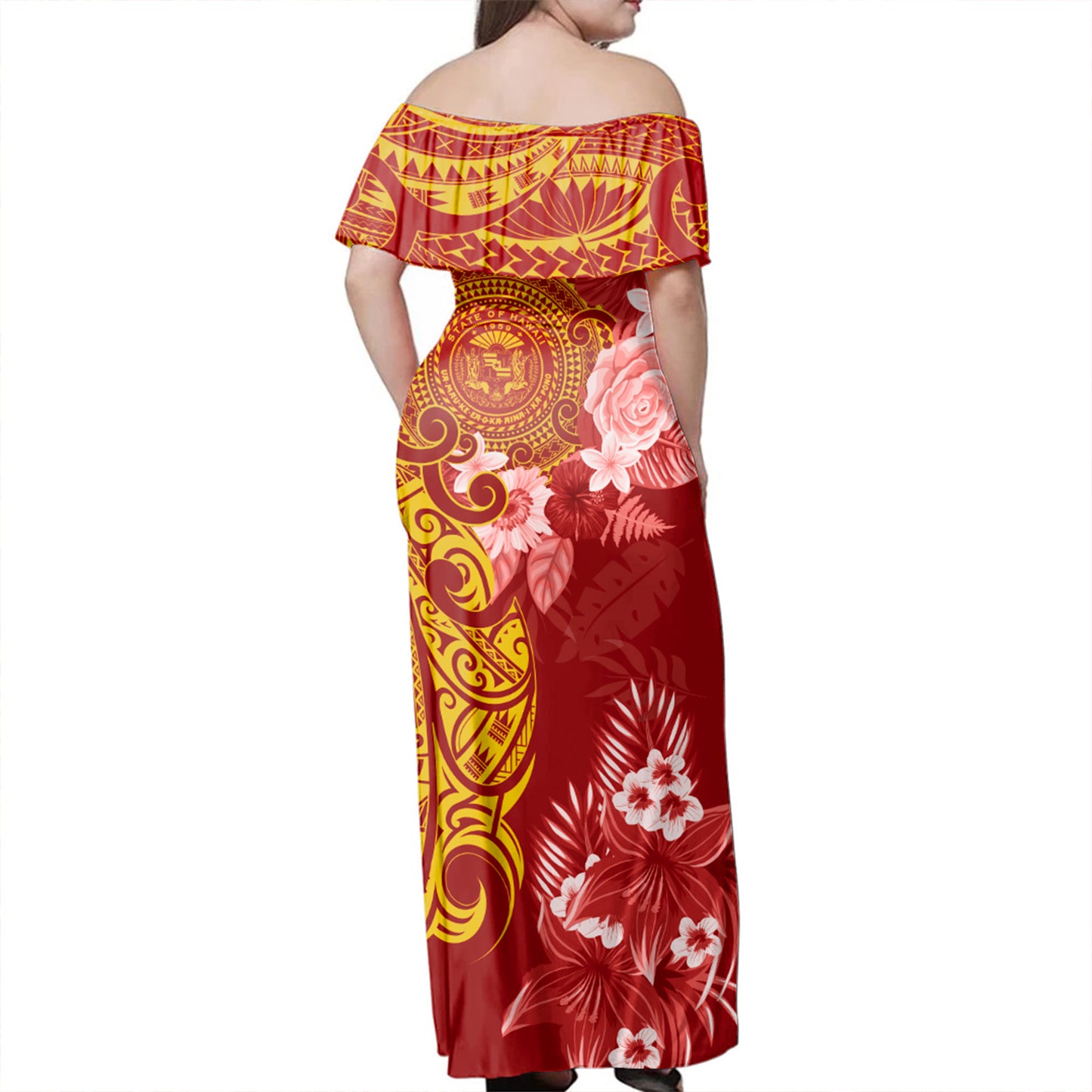 Hawaii Combo Off Shoulder Long Dress And Shirt Polynesian Tropical Plumeria Tribal Red