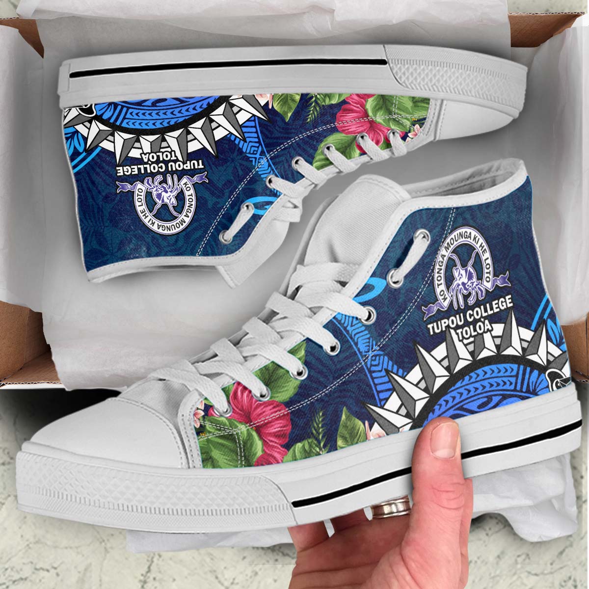 Tonga High Top Shoes - Tupou College Polynesian Tonga Pattern with Flower