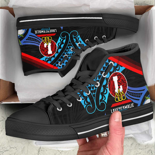 Tonga High Top Shoes - Lavengamalie College with Polynesian Patterns and Plumeria Flower