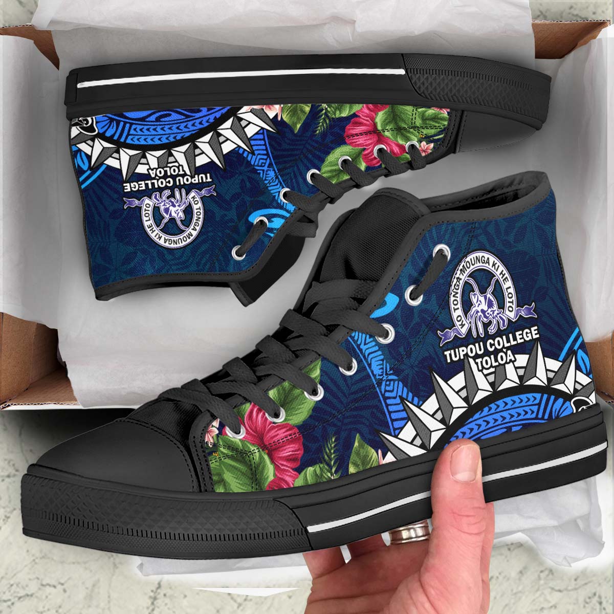 Tonga High Top Shoes - Tupou College Polynesian Tonga Pattern with Flower