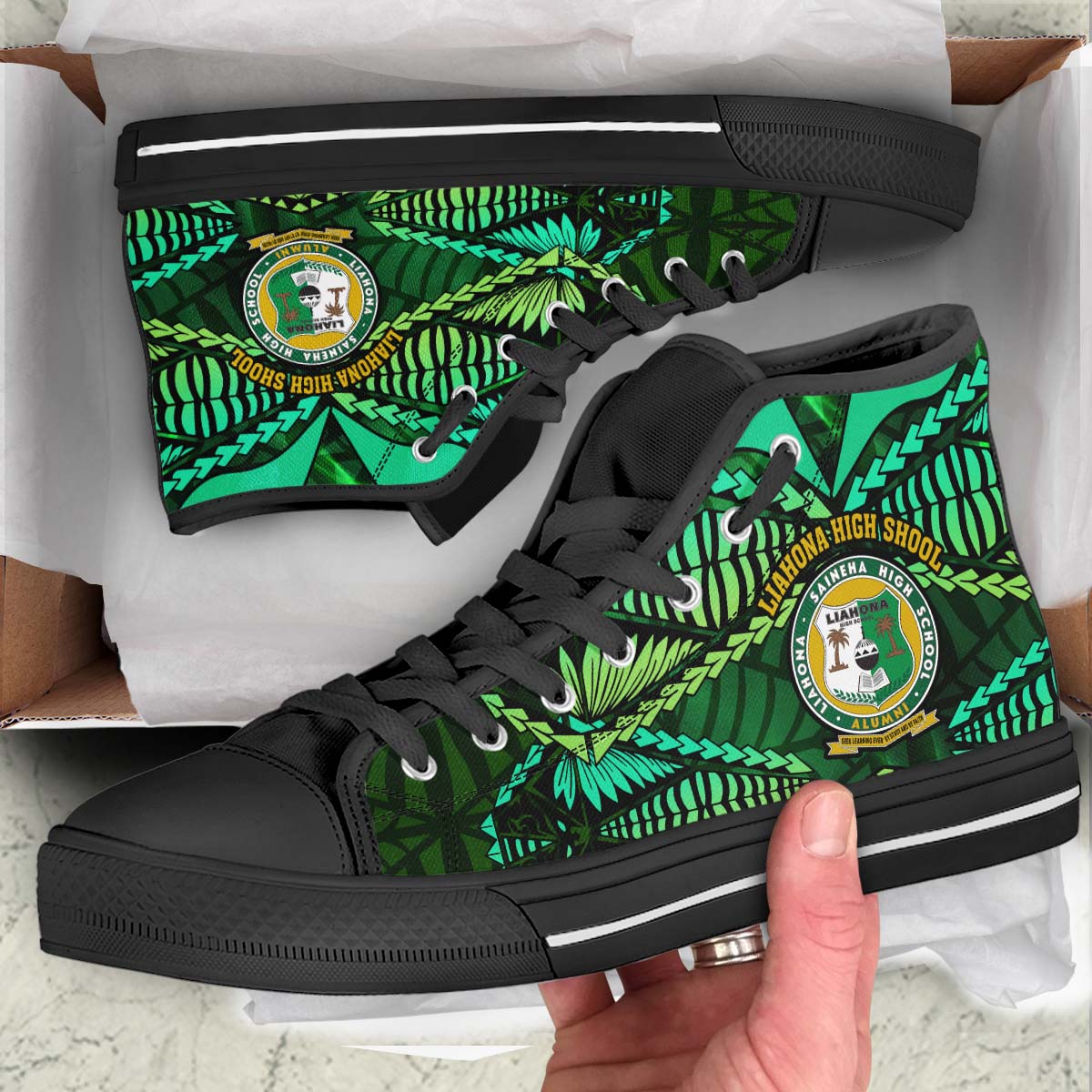 Tonga High Top Shoes - Liahona High Shool with Tonga Patterns with Green Effect