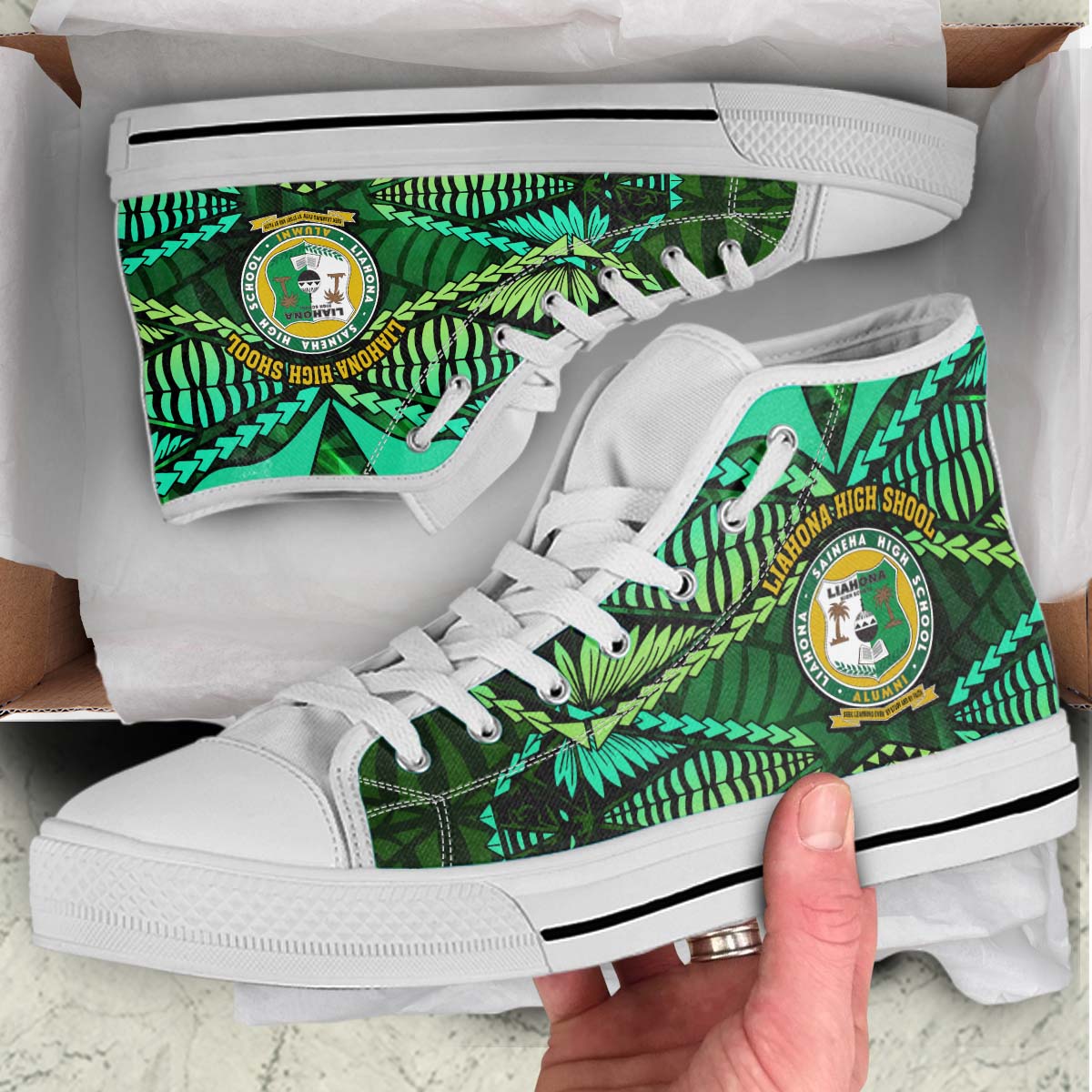 Tonga High Top Shoes - Liahona High Shool with Tonga Patterns with Green Effect