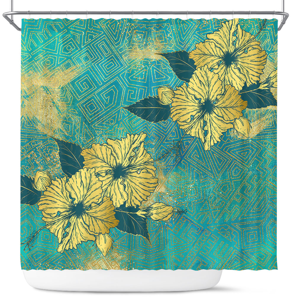 Hawaii Shower Curtain Golden Hibiscus Turquoise Color Tribal Pattern