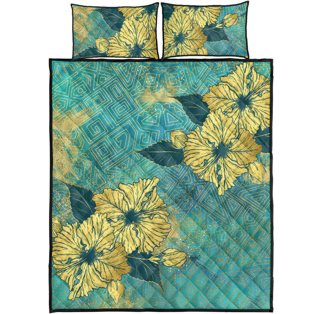 Hawaii Quilt Bed Set Golden Hibiscus Turquoise Color Tribal Pattern