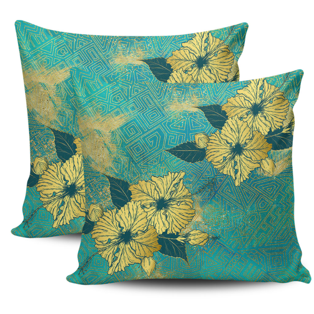 Hawaii Pillow Cover Golden Hibiscus Turquoise Color Tribal Pattern