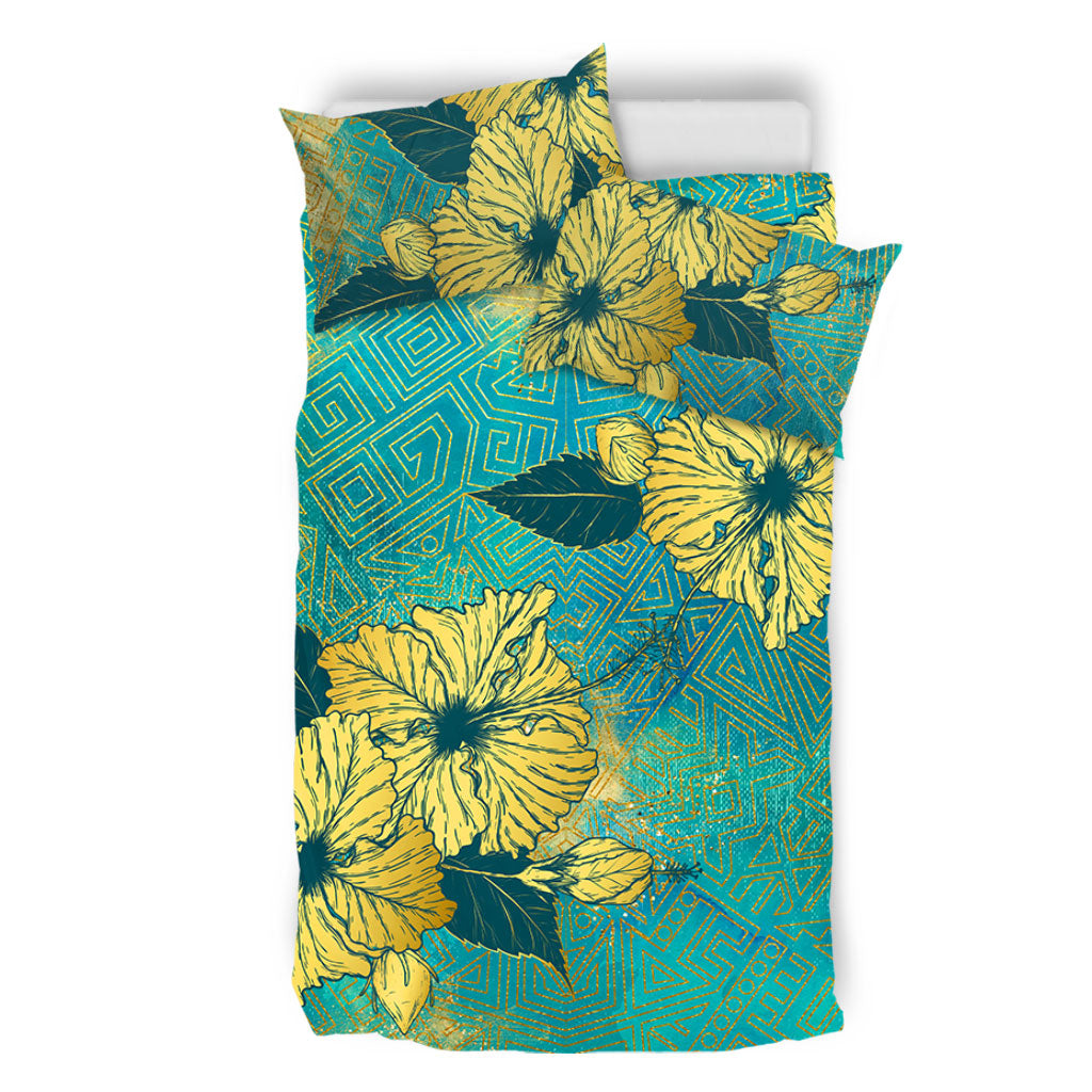 Hawaii Bedding Set Golden Hibiscus Turquoise Color Tribal Pattern