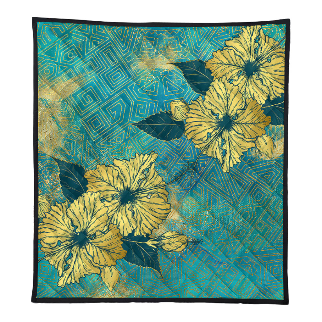 Hawaii Premium Quilt Golden Hibiscus Turquoise Color Tribal Pattern