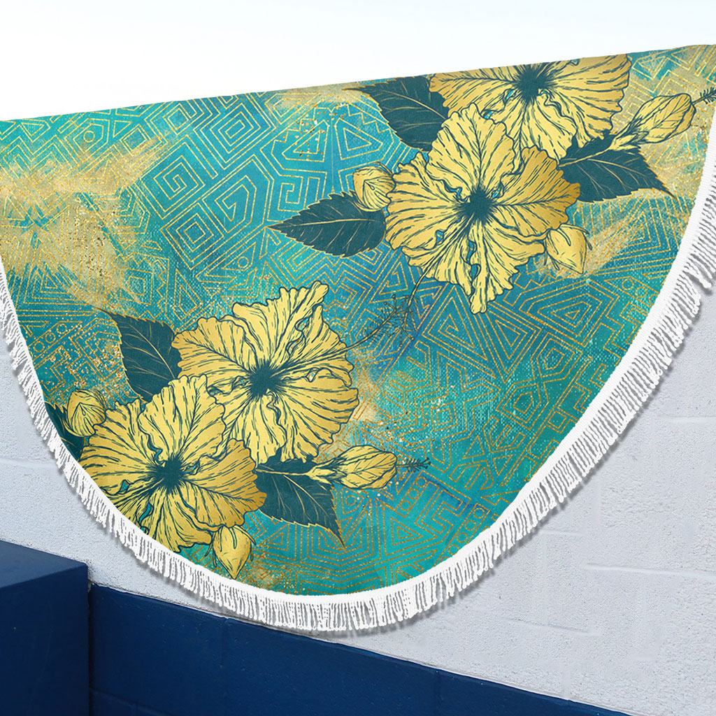 Hawaii Beach Blanket Golden Hibiscus Turquoise Color Tribal Pattern