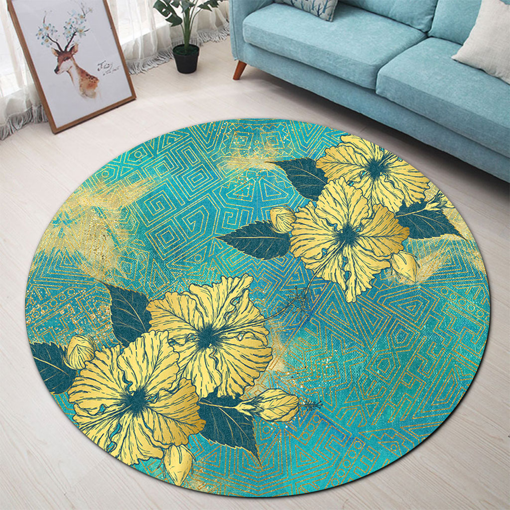 Hawaii Round Rug Golden Hibiscus Turquoise Color Tribal Pattern