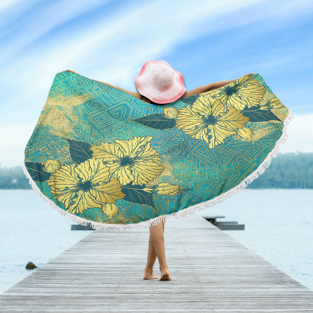 Hawaii Beach Blanket Golden Hibiscus Turquoise Color Tribal Pattern