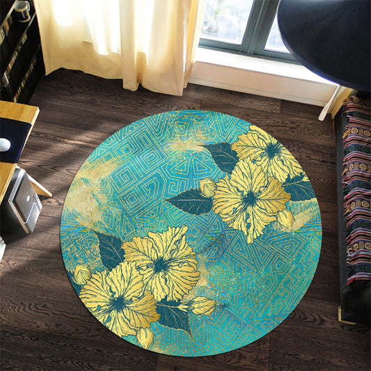 Hawaii Round Rug Golden Hibiscus Turquoise Color Tribal Pattern