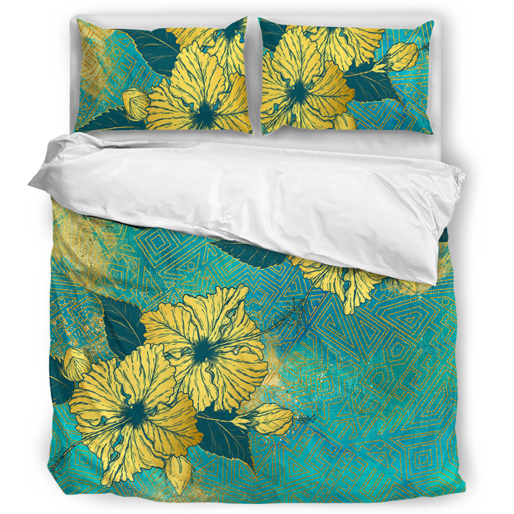 Hawaii Bedding Set Golden Hibiscus Turquoise Color Tribal Pattern