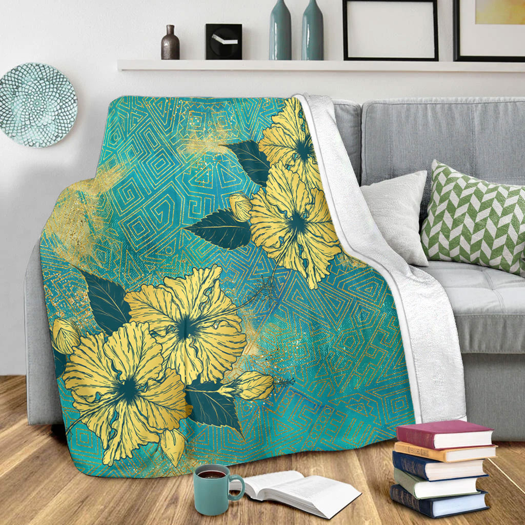 Hawaii Premium Blanket Golden Hibiscus Turquoise Color Tribal Pattern