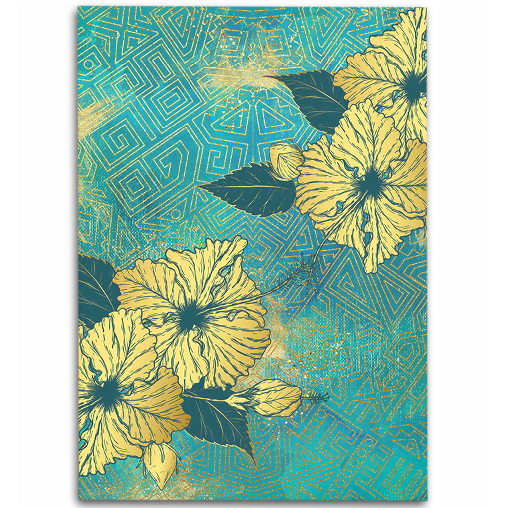 Hawaii Area Rug Golden Hibiscus Turquoise Color Tribal Pattern