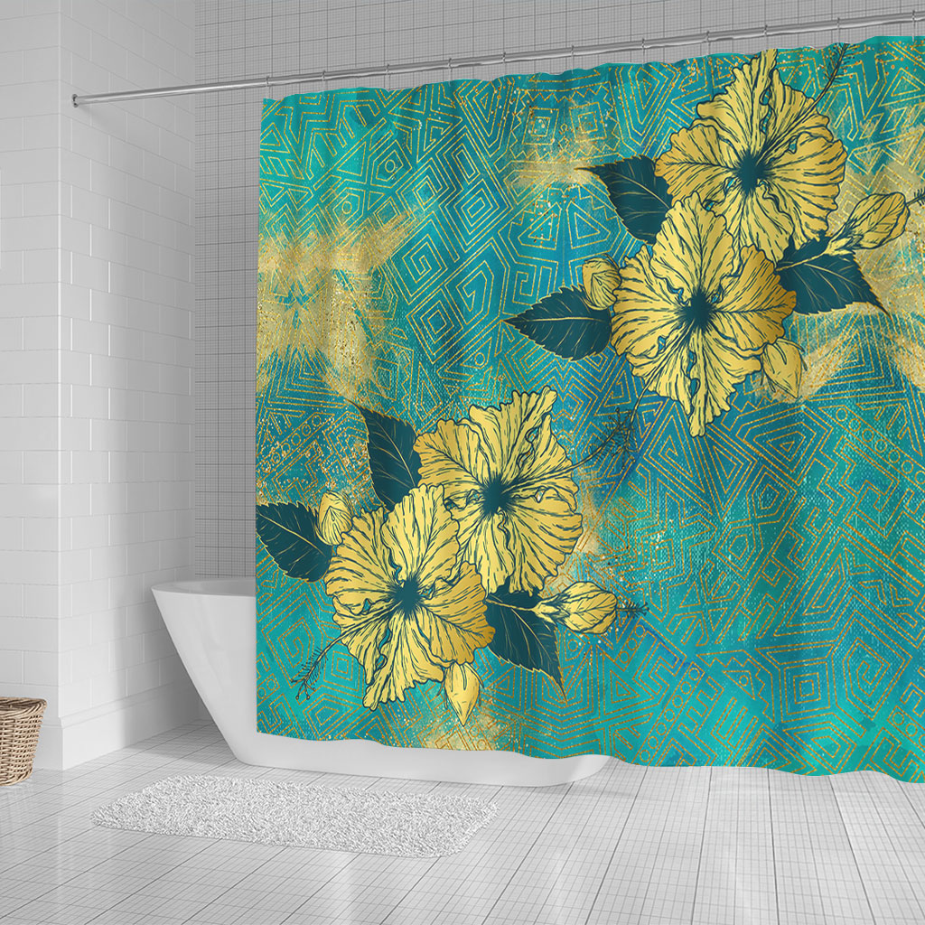 Hawaii Shower Curtain Golden Hibiscus Turquoise Color Tribal Pattern