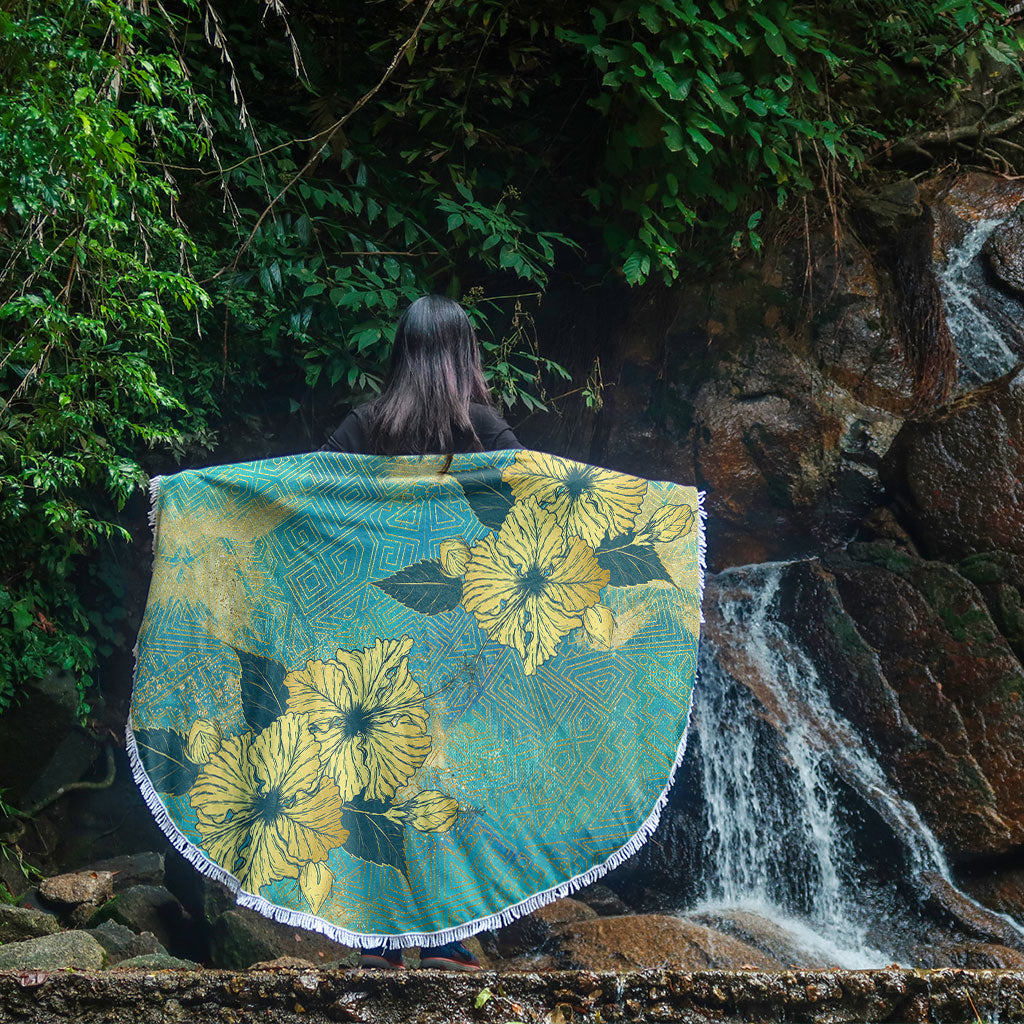 Hawaii Beach Blanket Golden Hibiscus Turquoise Color Tribal Pattern