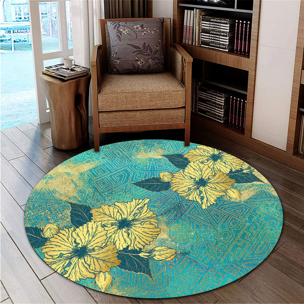 Hawaii Round Rug Golden Hibiscus Turquoise Color Tribal Pattern