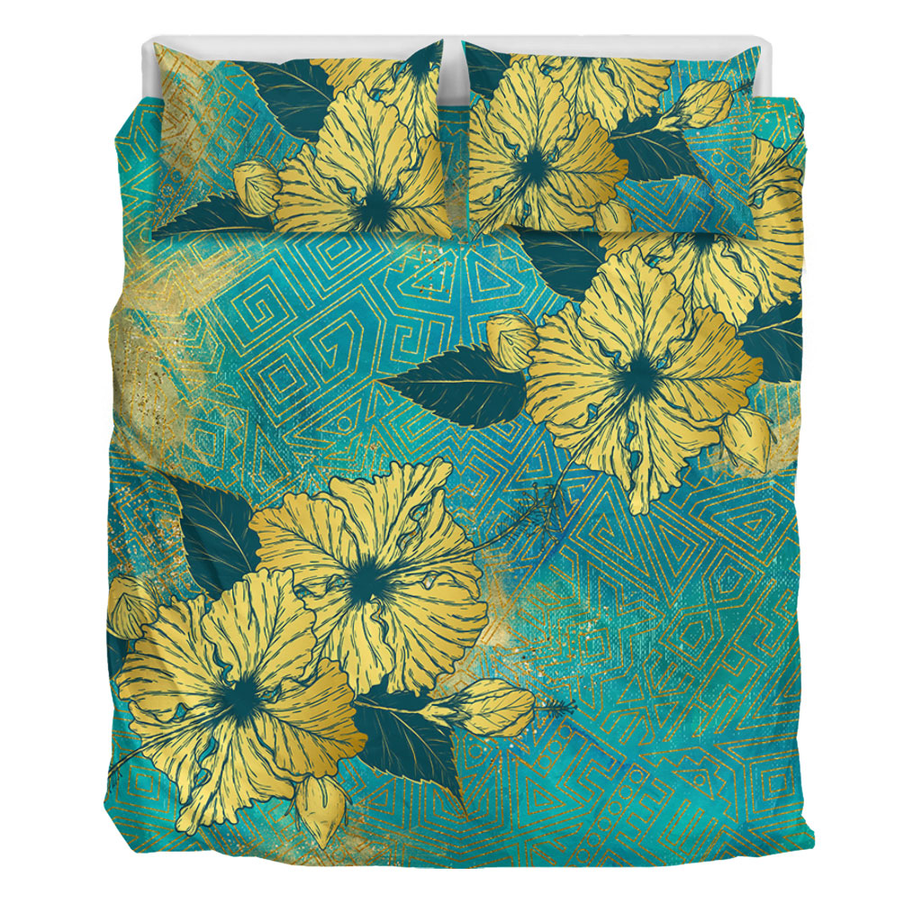 Hawaii Bedding Set Golden Hibiscus Turquoise Color Tribal Pattern