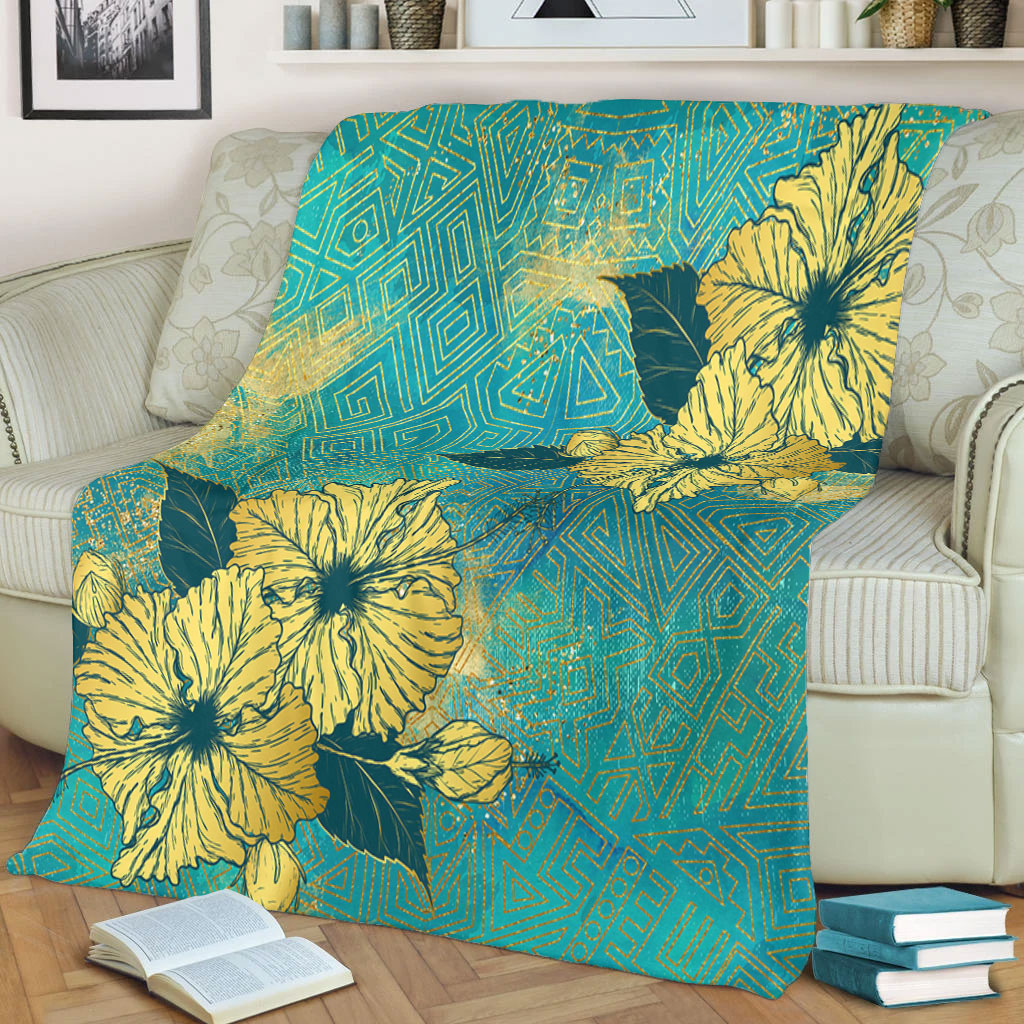 Hawaii Premium Blanket Golden Hibiscus Turquoise Color Tribal Pattern