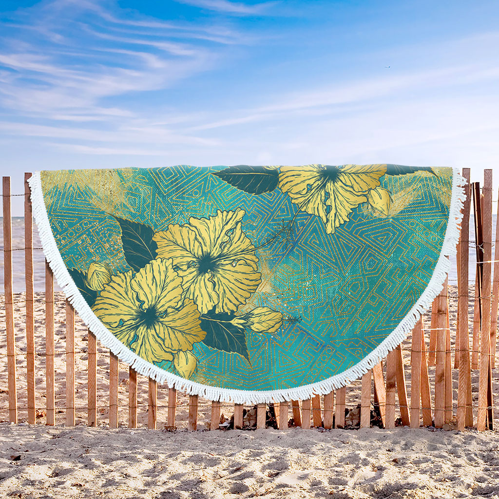 Hawaii Beach Blanket Golden Hibiscus Turquoise Color Tribal Pattern