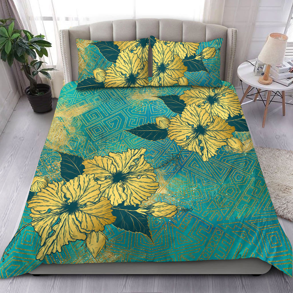 Hawaii Bedding Set Golden Hibiscus Turquoise Color Tribal Pattern