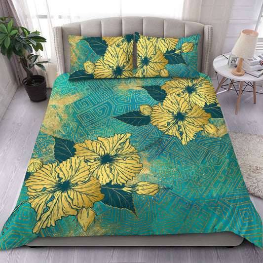 Hawaii Bedding Set Golden Hibiscus Turquoise Color Tribal Pattern