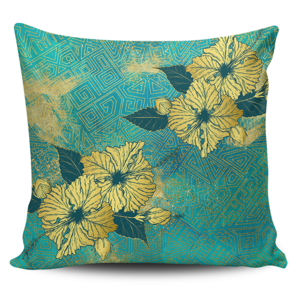 Hawaii Pillow Cover Golden Hibiscus Turquoise Color Tribal Pattern