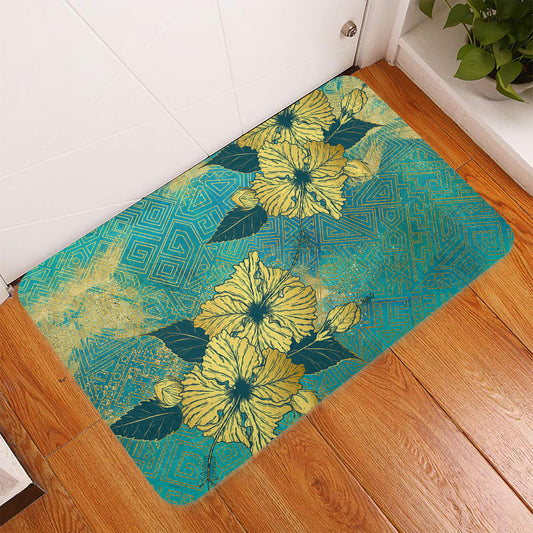 Hawaii Door Mat Golden Hibiscus Turquoise Color Tribal Pattern