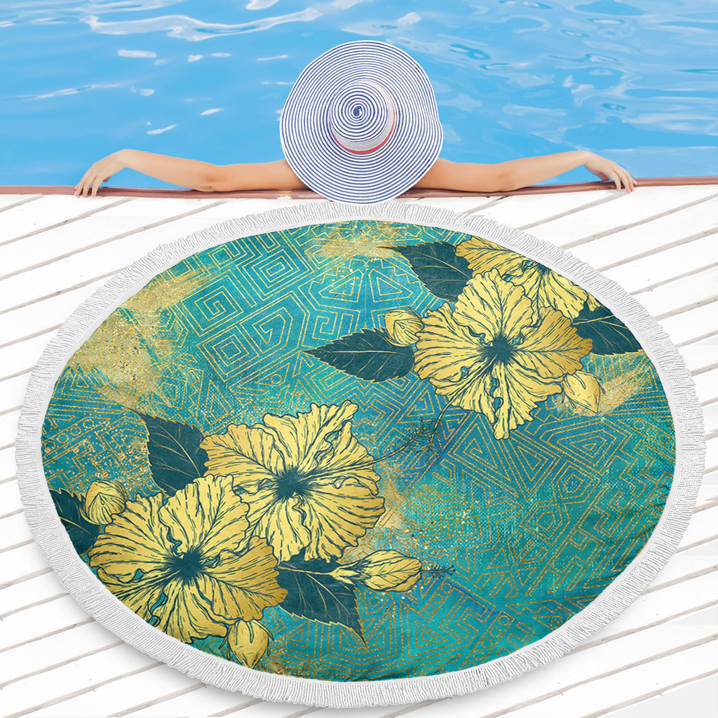 Hawaii Beach Blanket Golden Hibiscus Turquoise Color Tribal Pattern