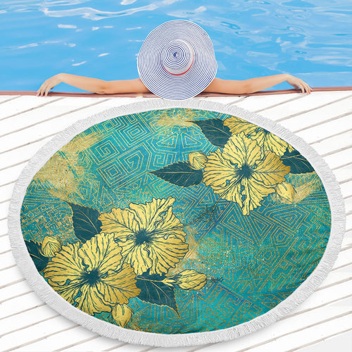 Hawaii Beach Blanket Golden Hibiscus Turquoise Color Tribal Pattern