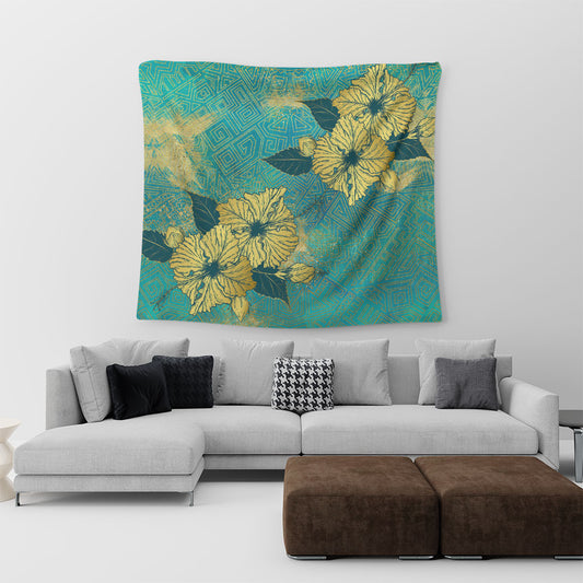 Hawaii Tapestry Golden Hibiscus Turquoise Color Tribal Pattern