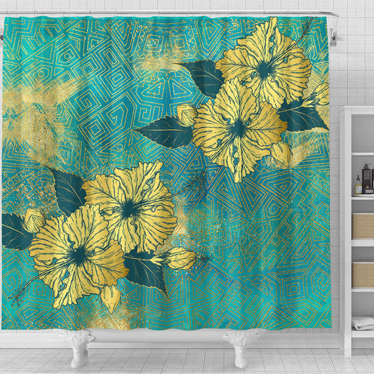 Hawaii Shower Curtain Golden Hibiscus Turquoise Color Tribal Pattern