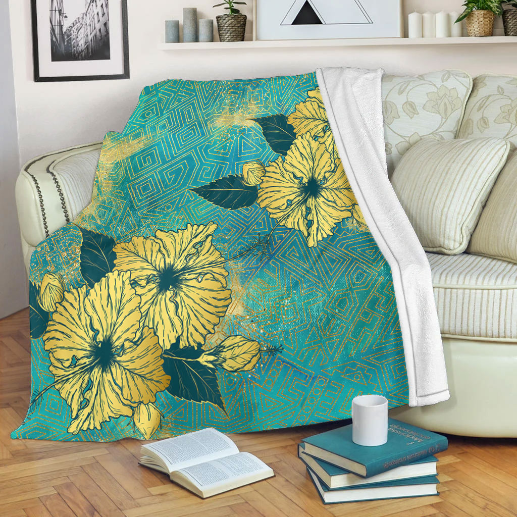 Hawaii Premium Blanket Golden Hibiscus Turquoise Color Tribal Pattern