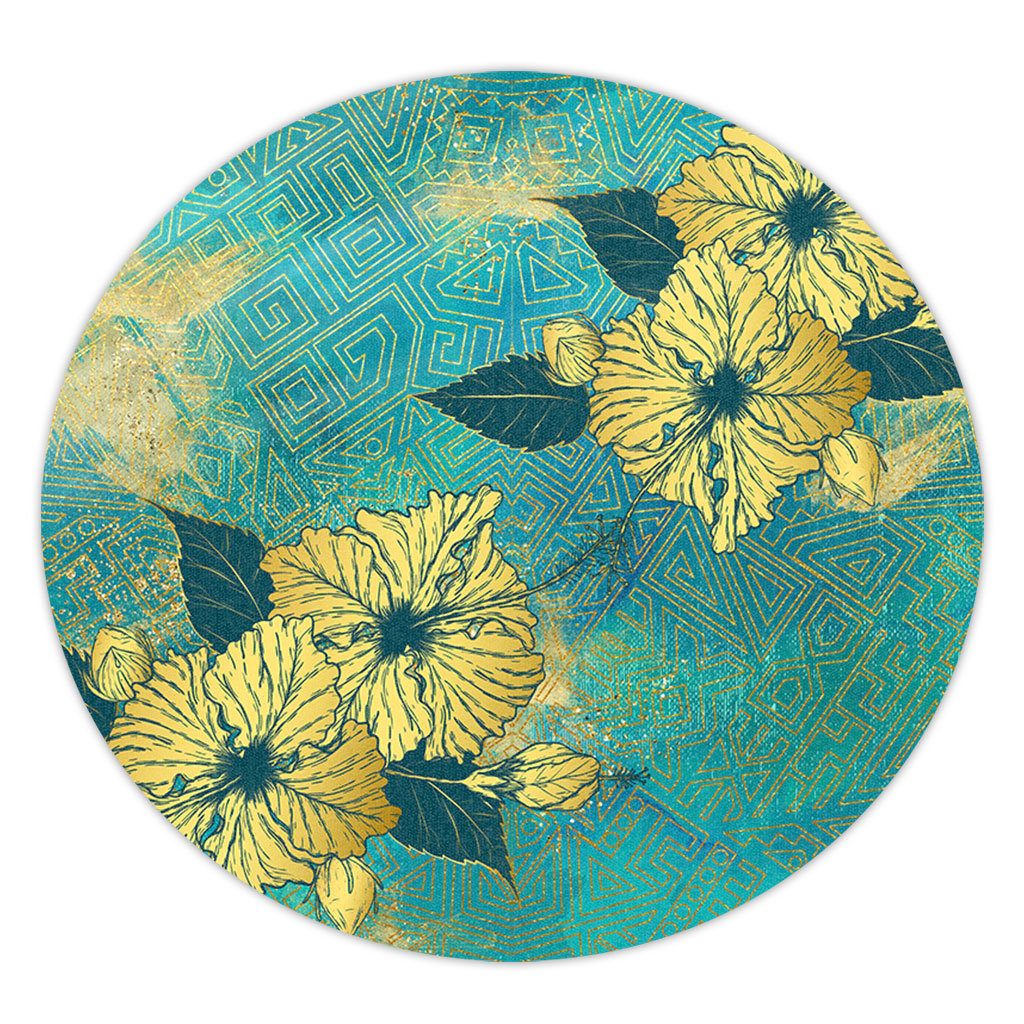 Hawaii Round Rug Golden Hibiscus Turquoise Color Tribal Pattern