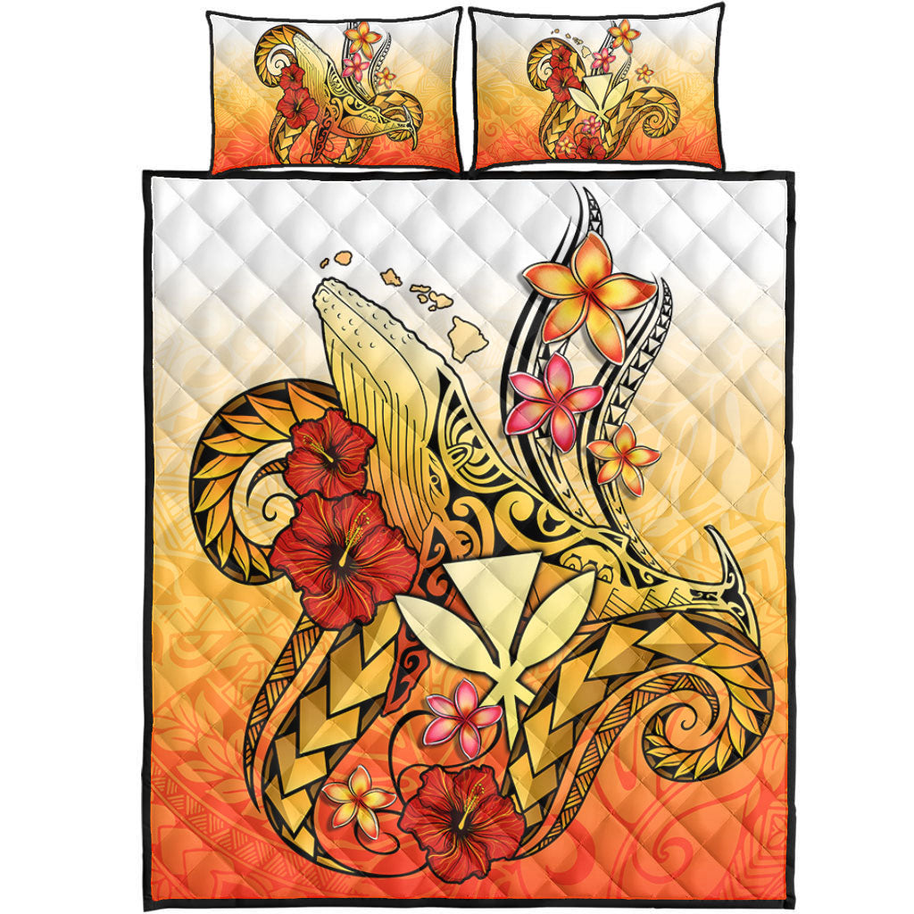 Hawaii Quilt Bed Set Humpback Whale with Hibiscus Plumeria