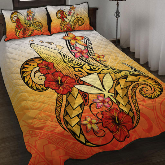 Hawaii Quilt Bed Set Humpback Whale with Hibiscus Plumeria