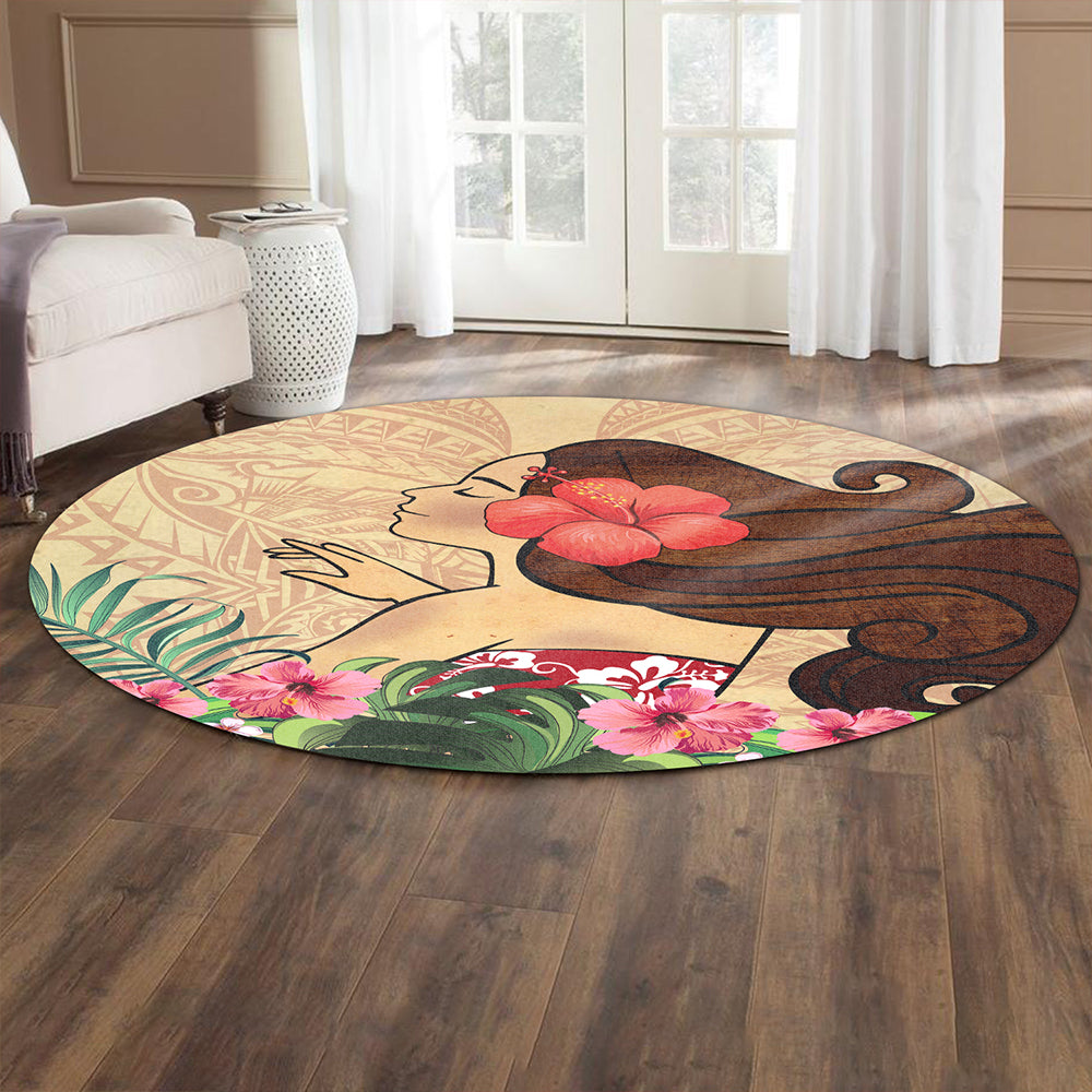 Hawaii Round Rug Beautiful Hula Girl Hibiscus Tropical