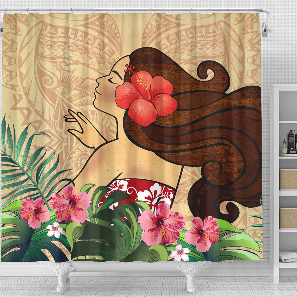 Hawaii Shower Curtain Beautiful Hula Girl Hibiscus Tropical
