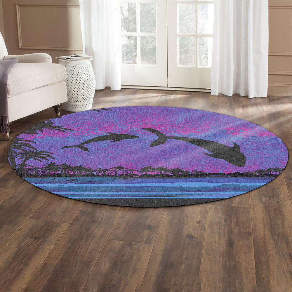 Hawaii Round Rug Dolphin Dance In Night