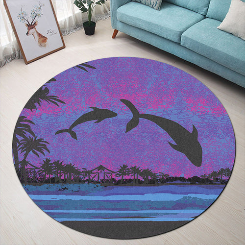 Hawaii Round Rug Dolphin Dance In Night